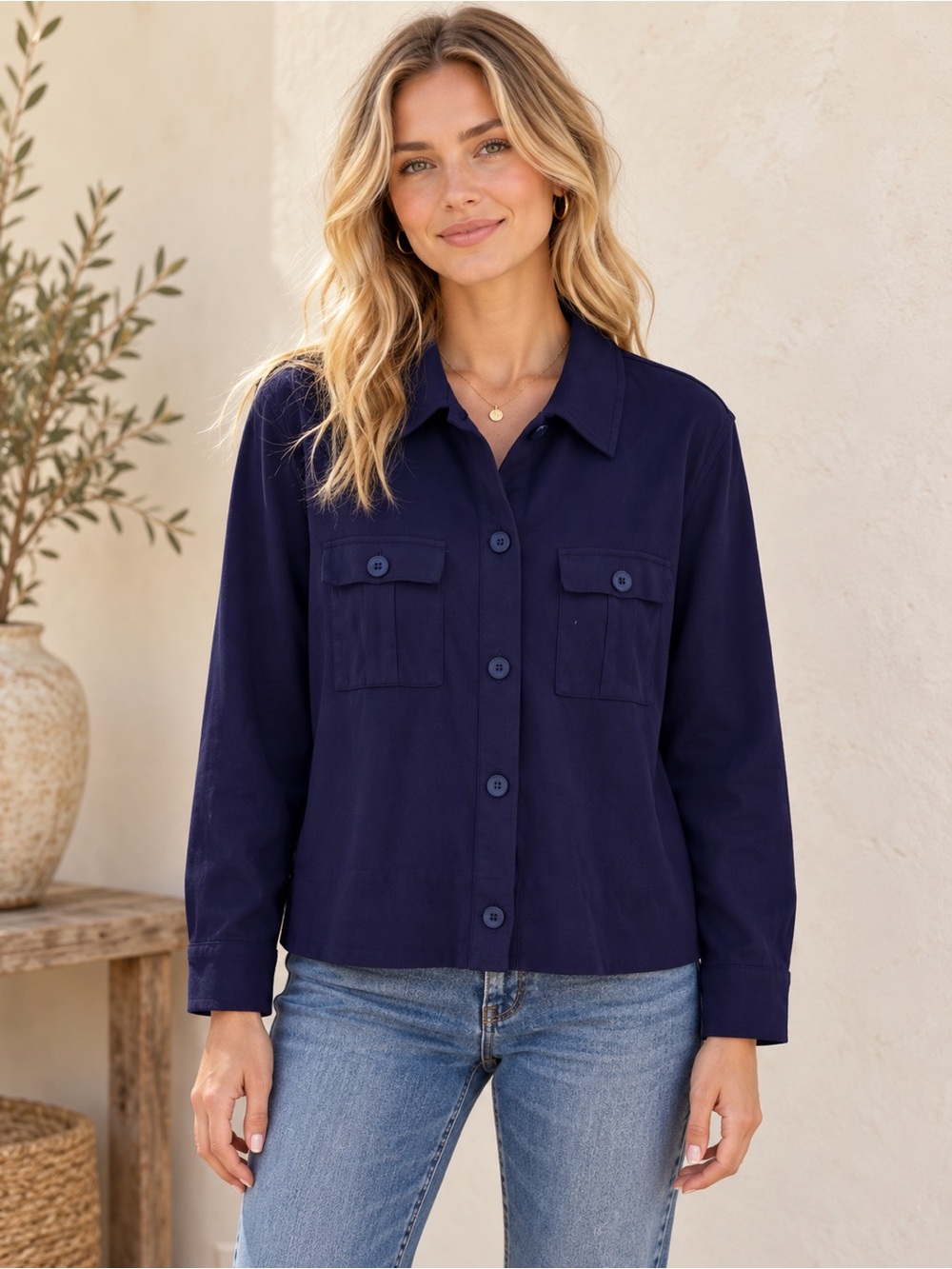 J. Jill Navy Button-Front Shirt Jacket